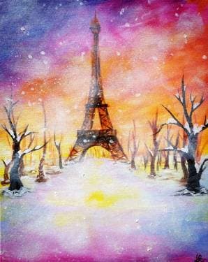 Winter Paris Sunset - Paint and sip event at The Cat N' Fiddle in Calgary, AB - PaintNite.com