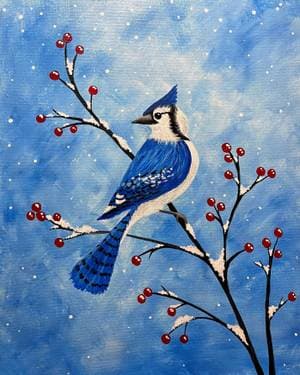 Blue Jay Snow Day - Paint and sip event at Aroma Restobar, Delta Hotel Saskatoon in Saskatoon, SK - PaintNite.com