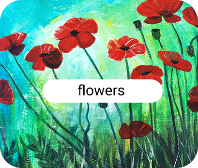 Poppy painting with green and blue background.
