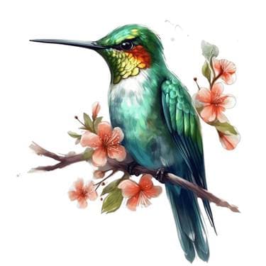 WATERCOLOR Colorful Hummingbird with Jade Scarlett