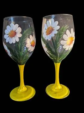 Daisy Delights on Wine Glass — Painting