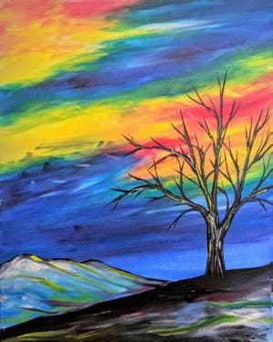 Winter Tree with Bright Rainbow Sky - Paint and sip event at Abby's Legendary Pizza #14 in Eugene, OR - PaintNite.com