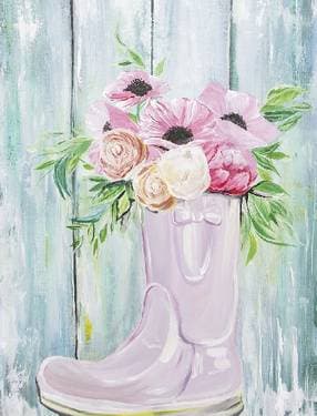 Rain Boot Flowers By Barn Wood - Paint and sip event at Pitfire Pizza (Costa Mesa) in Costa Mesa, CA - PaintNite.com
