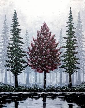 Ever Red Tree among the Snowy Evergreens - Paint Nite event in Chicago, IL