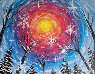Snowflake Sunset with Pines - Paint and sip event at Gatherings Resto Bar in Toronto, ON - PaintNite.com