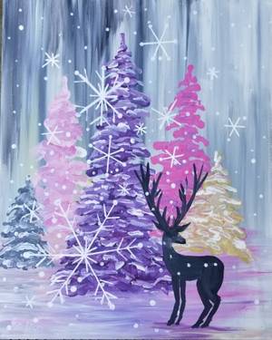 Snowy Pastel Pines with Deer at Mtn. Mike's on Cleveland in SRosa — Painting