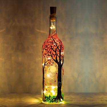 Blossoming Forest Magic Wine Bottle with Fairy Lights — Painting