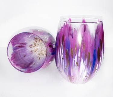 Purple and Gold Flower Stemless Wine Glasses - Paint Nite event in New Salem, MA