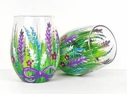 Wild Flowers and Purple Ribbon Stemless Wine Glasses thumbnail