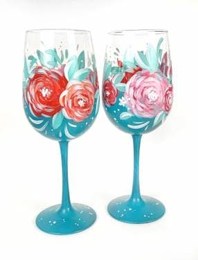 Blue Wine Glasses with Roses - Paint Nite event in Normal, IL