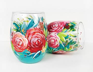 Teal Stemless Wine Glasses with Roses — Painting