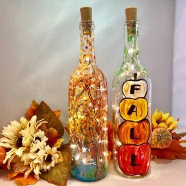 Choose Your Fall Design - Fall Trees OR Fall Pumpkins Wine Bottle & Fairy Lights - Paint and sip event at Oakdale Brewhouse in Oakdale, NY - PaintNite.com