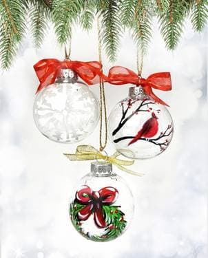 Set of 3 Christmas Ornaments - Bird, Wreath, Snowflake - Paint and sip event at Tunnel Espresso in Pointe-Claire, QC - PaintNite.com