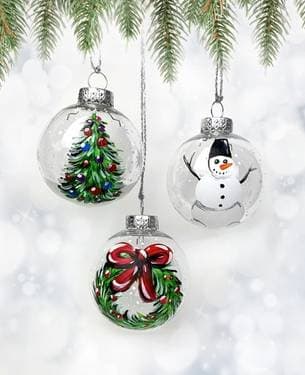 Set of 3 Christmas Ornaments - Snowman, Wreath, Tree - Paint Nite event in Patchogue, NY