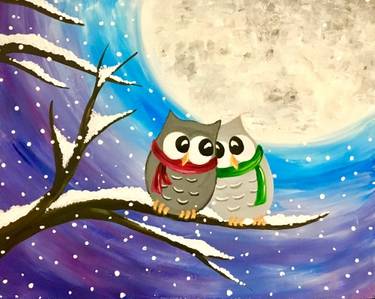 Winter Owls in Snow — Painting