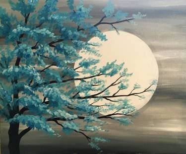 Teal Tree in Moonlight - Paint and sip event at Saffron's in Winnipeg, MB - PaintNite.com