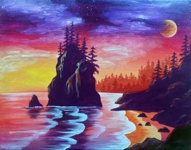 Sunset Cliff Moon And Stars - Paint and sip event at The Cobblestone Pub in Cobble Hill , BC - PaintNite.com