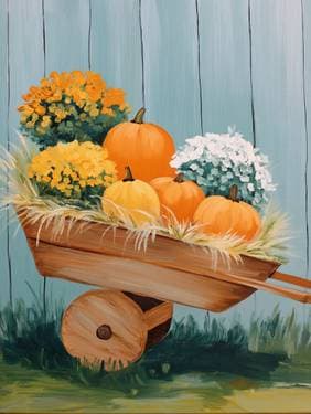 Rustic Wheelbarrow and Fall Pumpkins - Paint and sip event at Rudy's Diner-Harrington in Harrington, DE - PaintNite.com