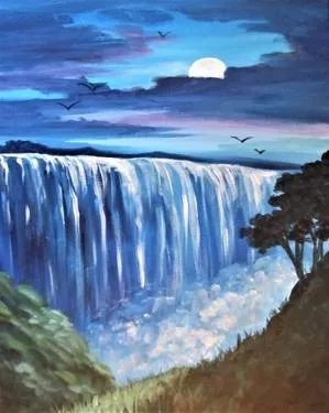 Moonrise Over Waterfalls at The Tap - Regina — Painting