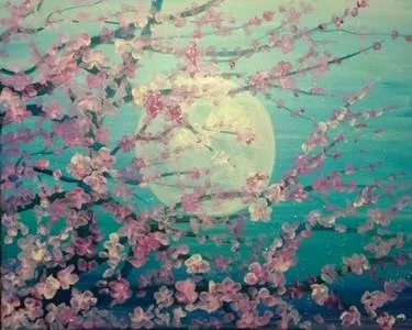 Pink Blossoms with Moon at Society Kitchen — Painting