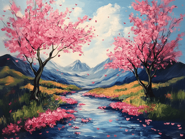 Cherry Blossom River Bend — Painting