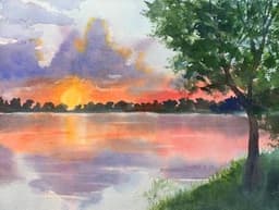WATERCOLOR Sunset reflection on the lake thumbnail