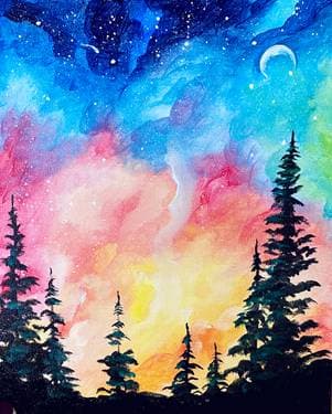 Galaxy Dream Pines - Paint and sip event at City Loafers in Davenport, IA - PaintNite.com