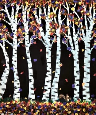 Squirrel Cutie in the Fall Birch Trees — Painting