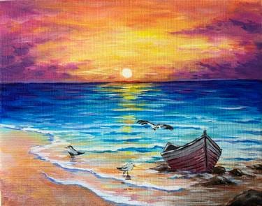 Boat on the Beach at Sunset — Painting