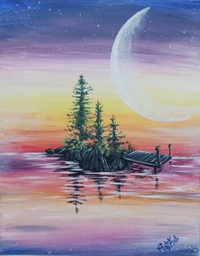 Crescent Moon rising over Stoney Island Dock - Paint and sip event at Two Blokes Cider in Port Perry, Durham Region, ON - PaintNite.com