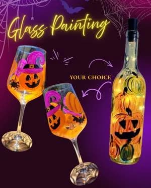 Glass Painting "Oh My Halloween," CHOOSE: wine glasses or wine bottle - Paint Nite event in Claremont, CA