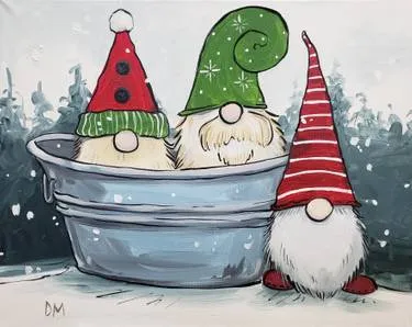 "Festive Gnomes" canvas painting at Eavesdrop (Manassas), on Monday, November 30, 6:30 p.m. — Painting