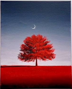 Red Tree Under The Moon — Painting