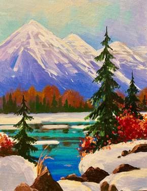 Winter Mountain Lake - Paint and sip event at Tunnel Espresso in Pointe-Claire, QC - PaintNite.com