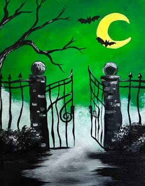 Paint Nite: Foggy Graveyard Gates — Painting