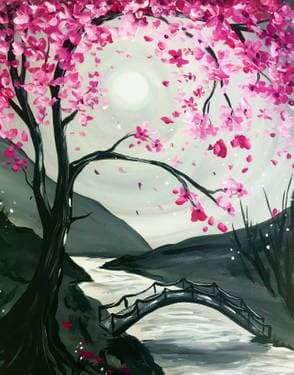 Moonlit Cherry Blossom Bridge - Paint and sip event at Cineplex JUNXION Erin Mills in Mississauga, ON - PaintNite.com
