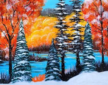 Early Snow in Colorful Forest - Paint and sip event at Tunnel Espresso in Pointe-Claire, QC - PaintNite.com