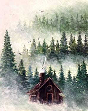 Cottage in the Misty Mountains — Painting