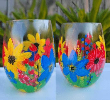 Stemless Wine Glass Painting (2 glasses), "Bright Blooms" - Paint and sip event at Grafted Cellars Winery & Restaurant in Claremont, CA - PaintNite.com