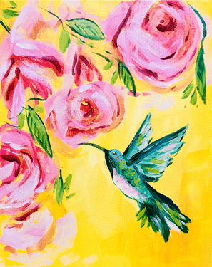 Hummingbird and Pink Roses — Painting