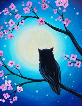 Pink Blossom Moonlight Owl - Paint and sip event at The One Sixty Wine Bar & Cafe in Port Moody, BC - PaintNite.com