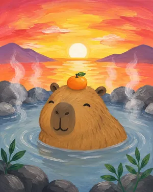 Capybara sunset soak — Painting