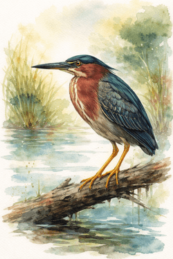 WATERCOLOR Green Heron in the pond thumbnail