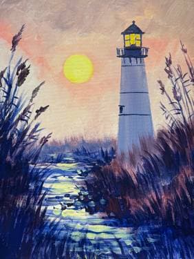 Morning Lighthouse Reflections - Paint and sip event at Rudy's Diner-Harrington in Harrington, DE - PaintNite.com