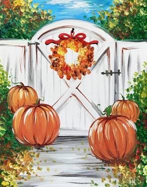Fall Cottage Gate With Pumpkins - Paint and sip event at Wilson's Ciderhouse in Iowa City, IA - PaintNite.com