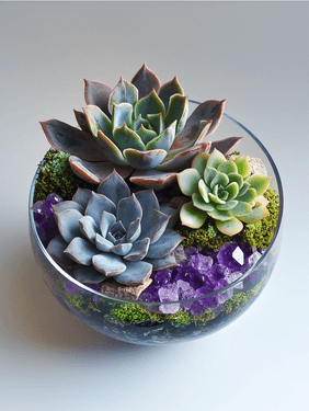 Succulent Garden Glass Bowl with crushed purple gems - Paint and sip event at The Experience LI in Hauppauge, NY - PaintNite.com