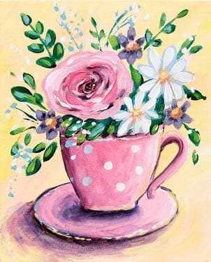 Pink Polka Dot Tea Cup Flower Pot - Paint and sip event at Cineplex JUNXION Erin Mills in Mississauga, ON - PaintNite.com