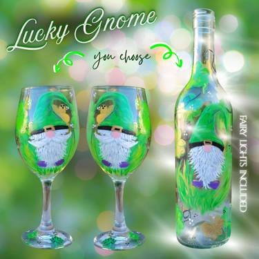 Lucky Gnomes Wine Glass Painting — Wine Bottle Lamp or Wine Glasses! — Painting