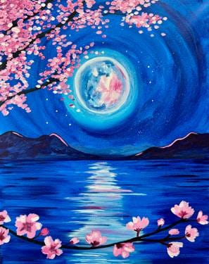 Moonlit Cherry Blossom Lake — Painting