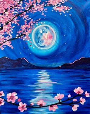 Moonlit Cherry Blossom Lake - Paint and sip event at Symposium Cafe Alliston in Alliston, ON - PaintNite.com